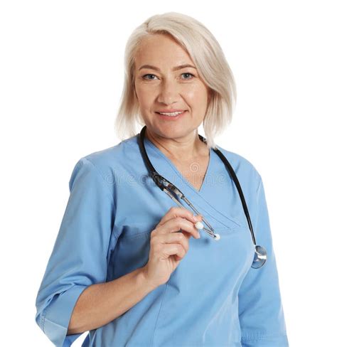 Portrait Of Female Doctor In Scrubs Isolated Medical Staff Stock Image