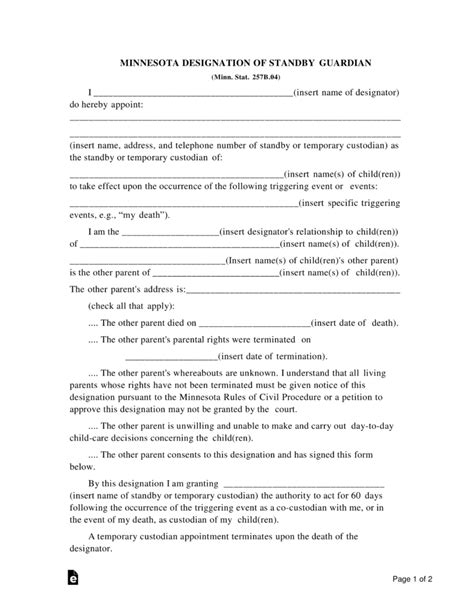 Free Minnesota Guardian Of Minor Child Power Of Attorney Form Pdf