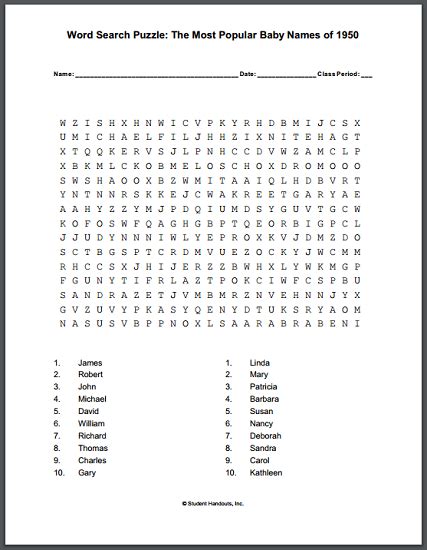50 Word Word Search Printable