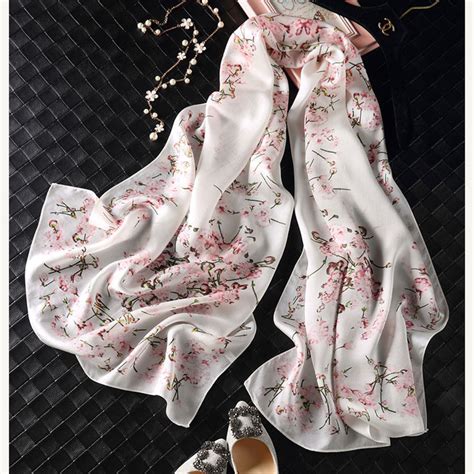 Pink Floral Silk Scarf With Cherry Blossom Print Gray Sakura Etsy