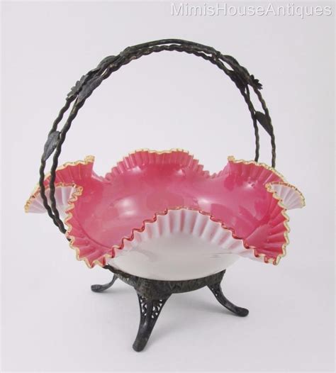 Antique Bride S Basket Cased Pink And White Art Glass Vaseline Edge Bowl Wilcox Brides Basket