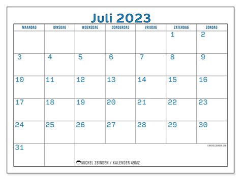 Kalender Juli 2023 Om Af Te Drukken “49mz” Michel Zbinden Be