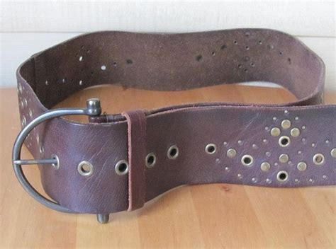 Vintage Belt Dark Brown Leather Belt With Brass Rivets And Etsy Brown