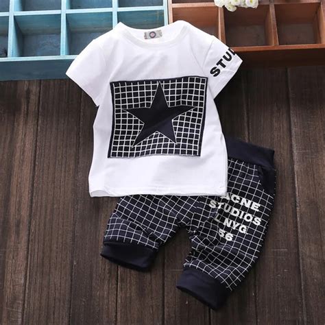 New Children Summer Clothing Sets Baby Boys T Shirtplaid Pant 2pcsset