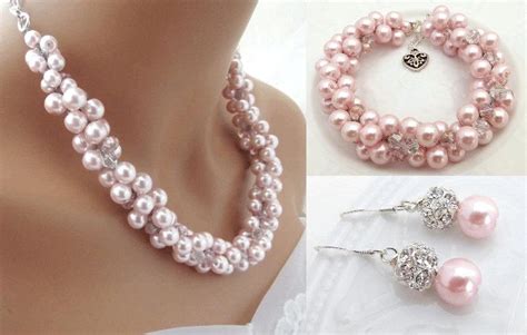 chunky pink pearl bridal jewelry set crystal pearl necklace bracelet and earrings set pearl