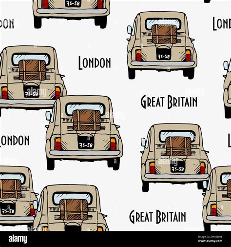 Beige Old Cars Vector Seamless Pattern Hand Drawn Retro Automobiles On