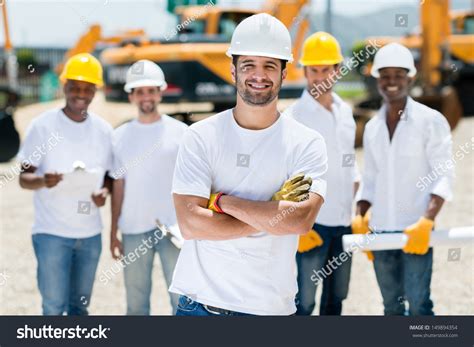 Happy Group Construction Workers Building Site Stock Photo 149894354