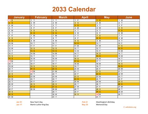 2033 Calendar On 2 Pages Landscape Orientation