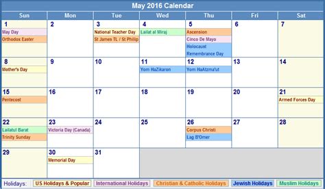May 2016 Calendar With Holidays Usa Uk Canada