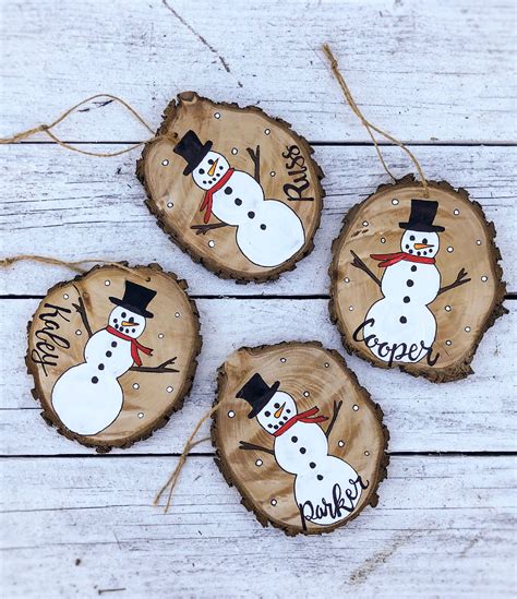 Snowman Christmas Ornament Wood Slice Hand Painted Rustic Tree