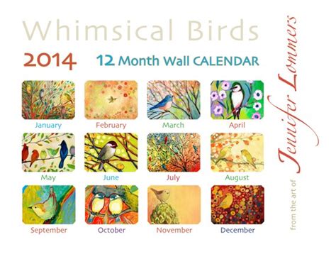 Whimsical Birds 12 Month 2014 Wall Calendar With 8x10 Wire