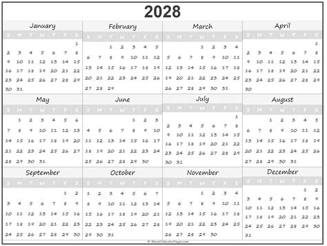 2028 Year Calendar Yearly Printable