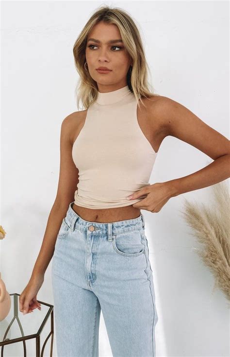 Fran High Neck Crop Beige In 2021 Sleeveless Top Outfit Mock Neck