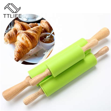 Ttlife 3 Sizes Green Silicone Rolling Pins Dough Pastry Roller Wooden