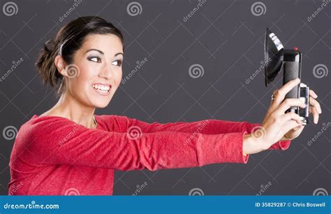 Self Portrait Attractive Excited Woman Takes Selfie Picture Stock Image Image Of Lady Female