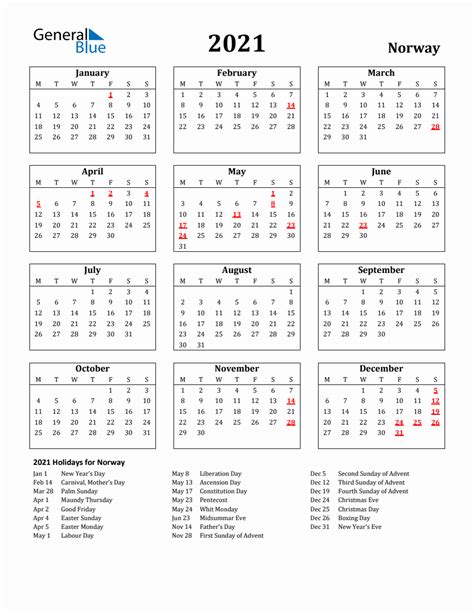 Free Printable 2021 Norway Holiday Calendar