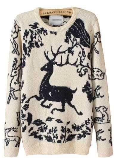 Beige Long Sleeve Deer Pattern Sweater Sheinsheinside
