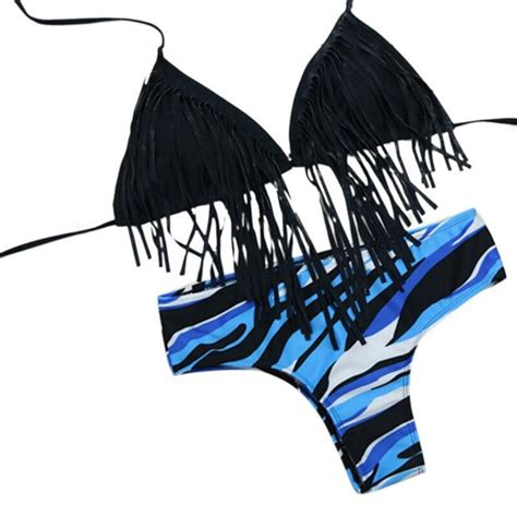 Snowshine3 Ylswomen Sexy Bikini Set Irregular Blue Black Pattern