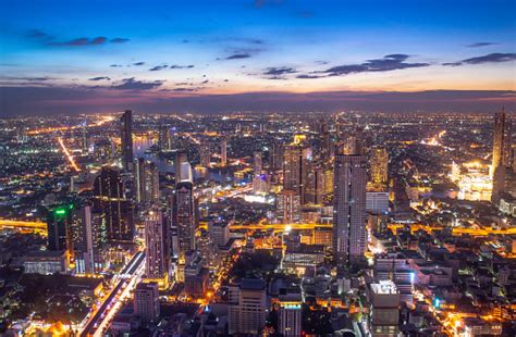 Beautiful Sunset Cityscape Urban Of Bangkok City At Night Landscape