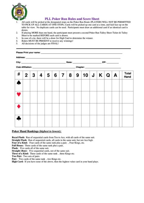 It is quite typical for an individual to acquire no tips. Pll Poker Run Rules And Score Sheet Template printable pdf ...