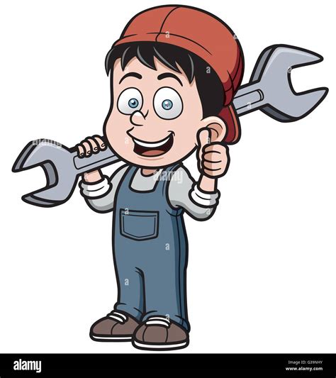 Vector Illustration Of Cartoon Mechanic Holding A Huge Wrench Stock