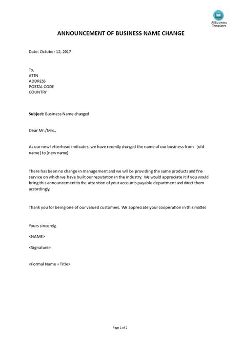 Sample letter of change name request is a very concise process but this needs a lot of consideration and efforts as variation in the name in any business name change letter to irs, 100% original papers & application letter format for name. Announcement Of Business Name Change | Templates at ...