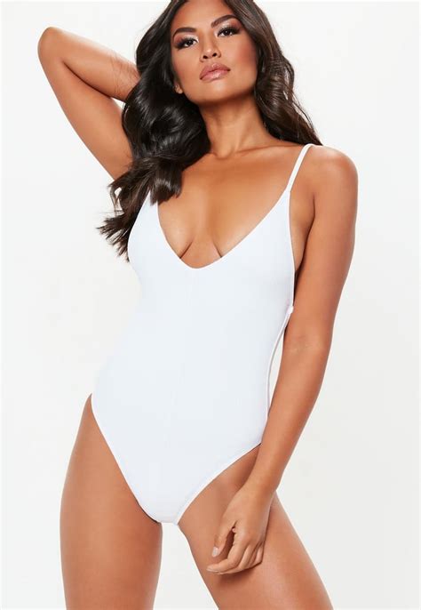 Missguided White Ribbed Strappy Plunge Front Swimsuit Chrissy Teigen