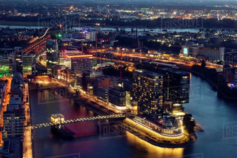 Aerial View Of Dusseldorf At Night In Germany Stock Photo Dissolve