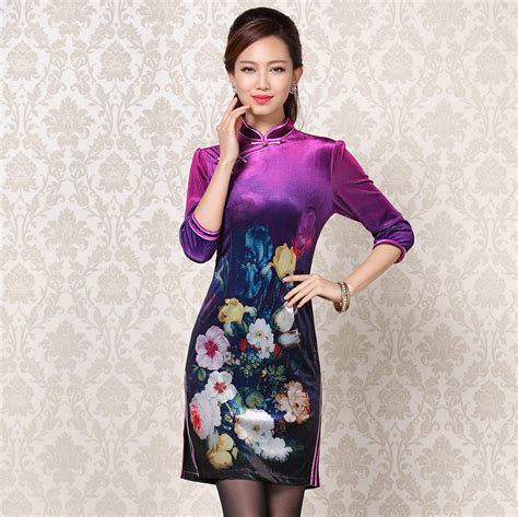 Resplendent Floral Print Velvet Qipao Cheongsam Dress Qipao Cheongsam