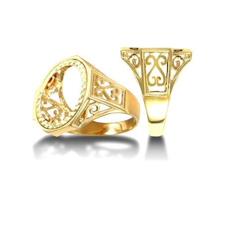 Mens Solid 9ct Yellow Gold Octagon Scroll Half Sovereign Mount Ring