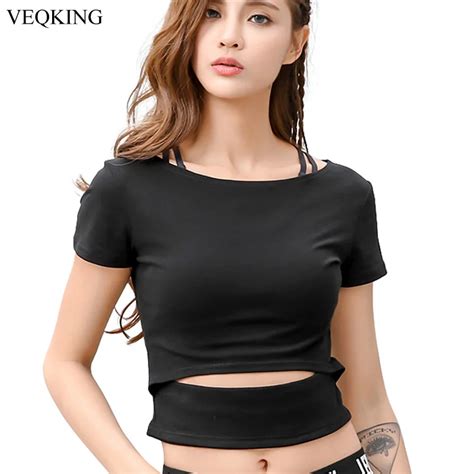 Veqking Sexy Midriff Short Sleeve Sport Shirt Women Solid Exposed Navel