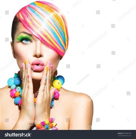 Beauty Woman Portrait With Colorful Makeup Hair Nail Polish And