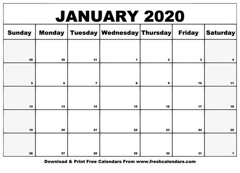 Free Printable January 2020 Calendars