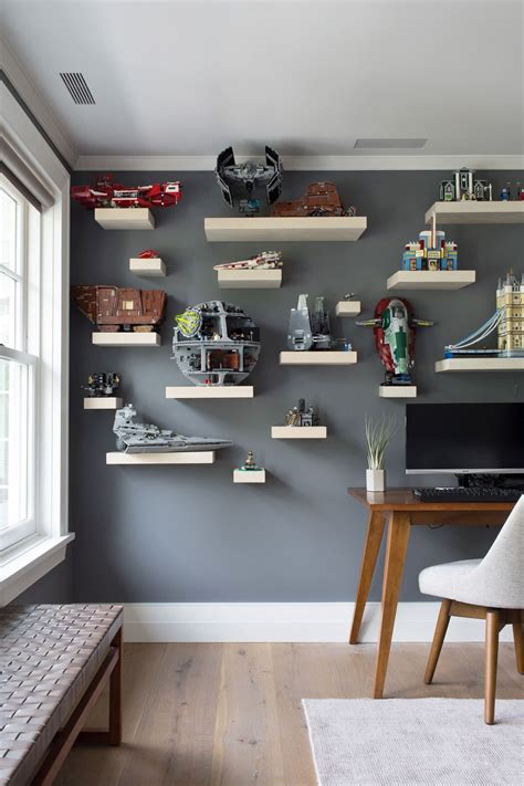 I love it when a modernly styled room has a couple of rustic accents added to it. Star Wars room with floating shelves for LEGO Star Wars ...