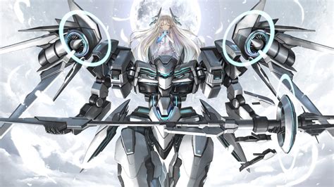 blonde hair blush clouds dress elbow gloves feathers gloves headdress long hair mecha mechagirl