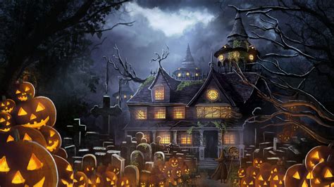 Wallpaper Graveyard Anime Pumpkin Fantasy Halloween Houses 3840x2160