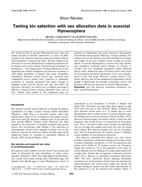Pdf Testing Kin Selection With Sex Allocation Data In Eusocial Hymenoptera Laurent Keller