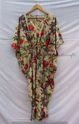 Indian Beige Long Bird Print Cotton Hippie Maxi Women Nightwear Caftan