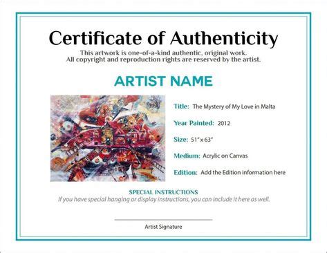 Certificate Of Authenticity Artwork Template In With Images