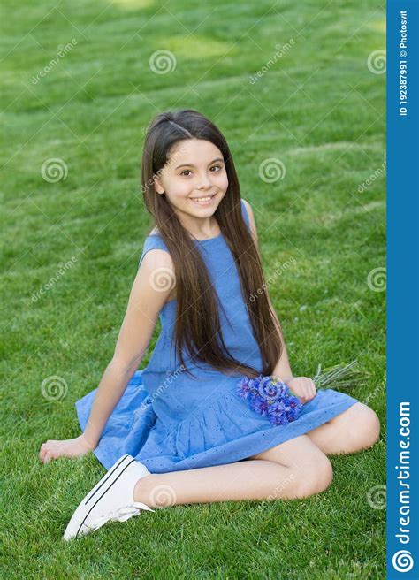Girl Blue Dress Relax Green Field With Fresh Cornflowers United With
