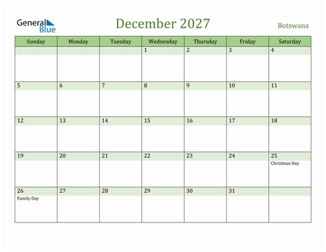 Fillable Holiday Calendar For Botswana December 2027