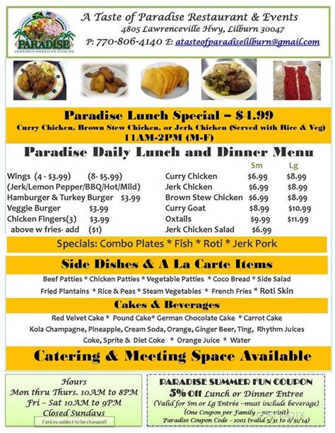 I absolutely love jamaican food but this place makes up their own prices and rules as they go! Menu of A Taste of Paradise Jamaican Restaurant in Lilburn ...
