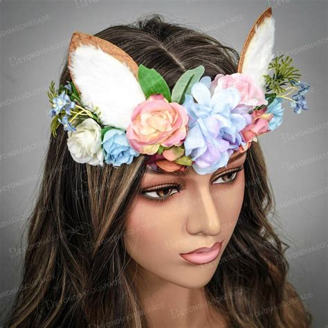 Flower Crown Deer Bunny Rabbit Headband Faux Fur Ears Floral Headband