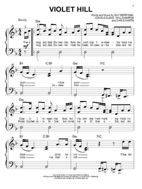 Violet Hill Sheet Music Coldplay Big Note Piano