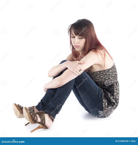 Sad Woman Sitting On The Floor Embracing Her Knee Stock Photo Image