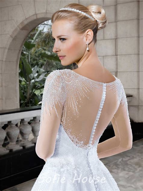 Ball Gown Illusion Neckline Sheer Back Long Sleeve Tulle Beaded Wedding