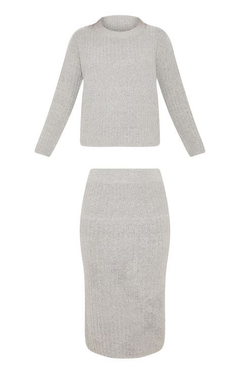 Grey Ribbed Knitted Skirt Jumper Co Ord Prettylittlething