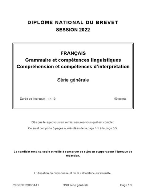 Brevet Francais Grammaire Et Compréhension Asie Pdf