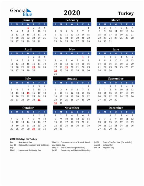 2020 Turkey Holiday Calendar