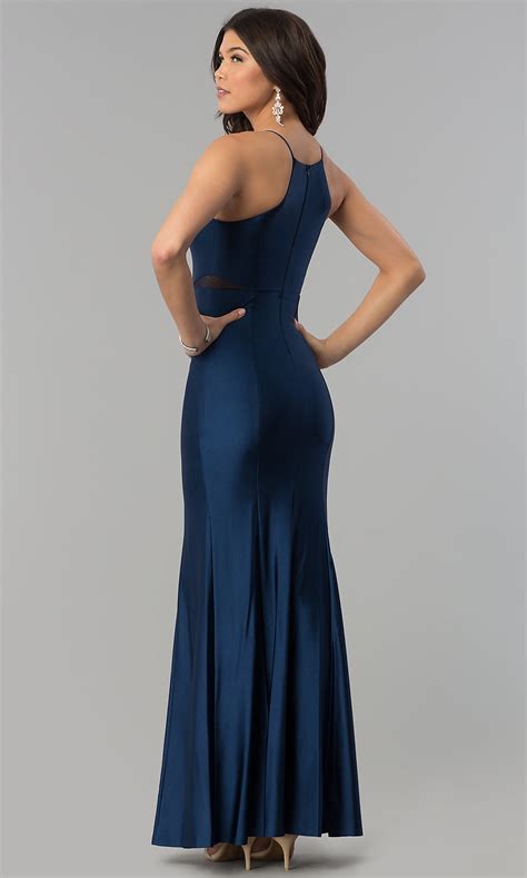 Keyhole Side Slit Navy Blue Long Formal Prom Dress